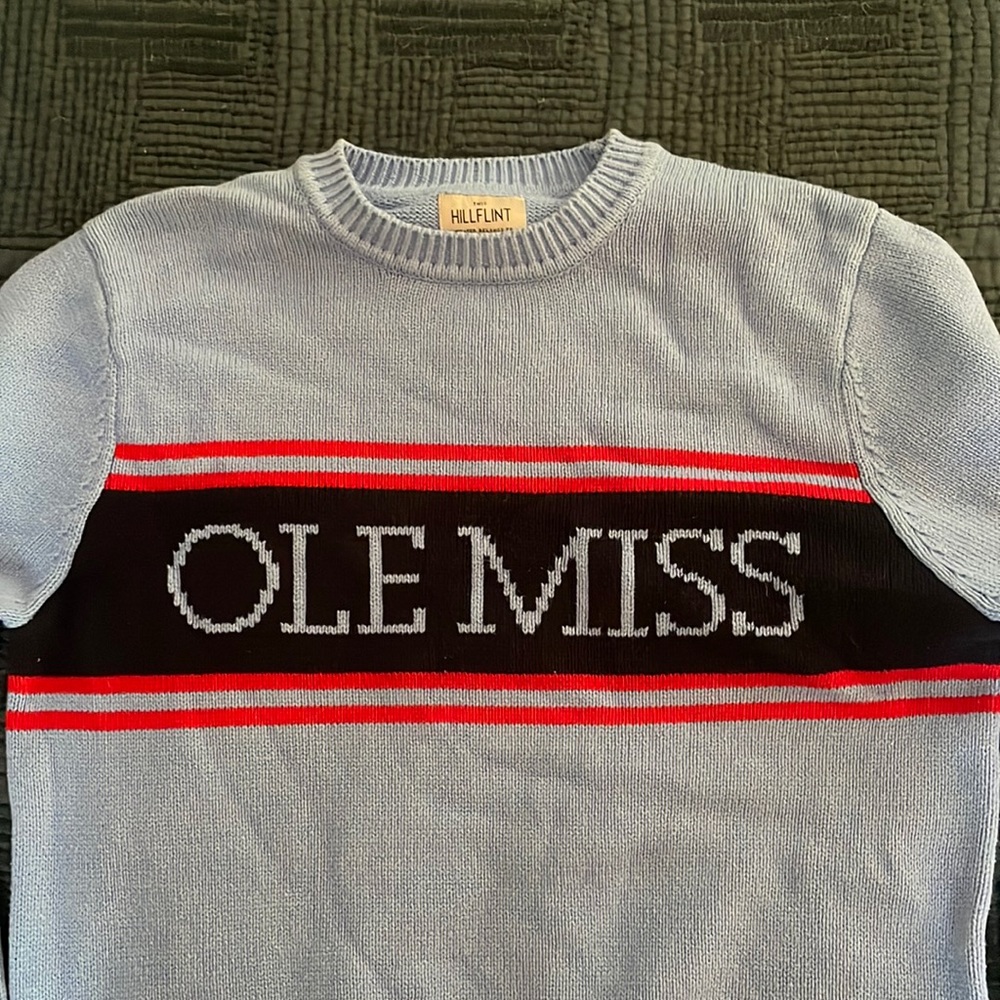 Ole Miss crew neck sweater in periwinkle blue. Super soft and classic style.